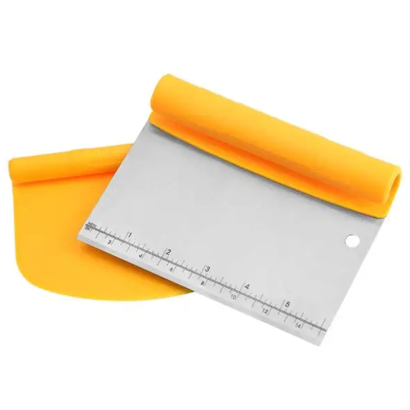 

Wholesale 2 in 1 Stainless Steel Dough Scraper Cutter with Measuring Scale High Quality Baking Roll Handle Flour Dough Scraper, Yellow