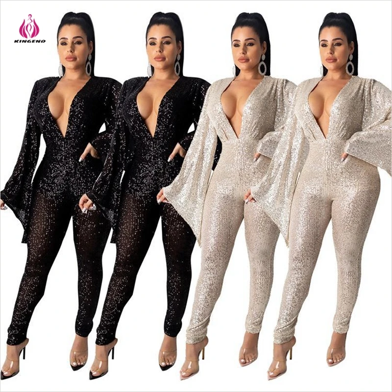 

KG3699 Latest Design Deep V Neck Flared Sleeve Clubwear Party Sequin Jumpsuits Women 2021 Sexy