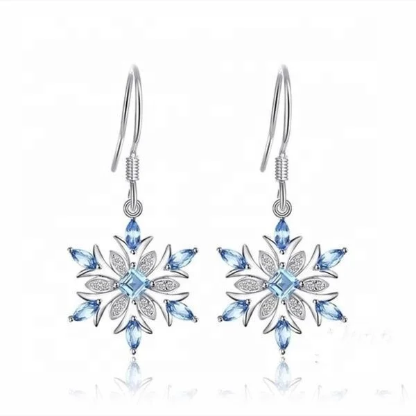 

Light Blue Crystal Zircon Snowflake Drop Earrings For Women Filled CZ Stone Dangle Earring Christmas Jewelry