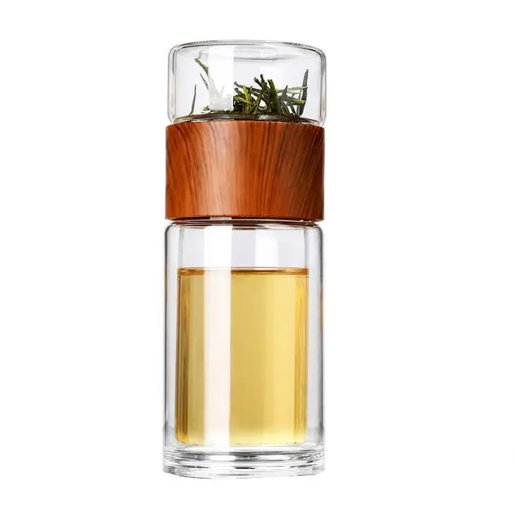 

260ml Double Layer Glass Tea Infuser Portable Glass Water Bottle Travel Mug with Strainer Tea Bottle with Filter, Wood color