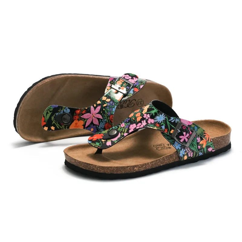 

High quality ladies PU leather cork sandals slipper women new fashion flat flip flops female printed house shoes, 3 colors