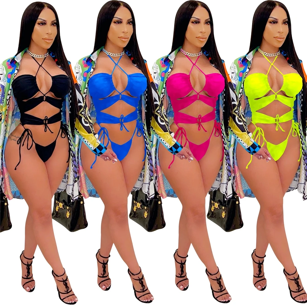 

MD-20032014 Women 3 Piece Set Swimsuits Bikinis Bathing Suits Sexy Halter Cover Up Two Piece Sets Designers Swimwear Swimsuits