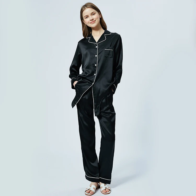 

BOOOGE Black Lapel Pajamas Long Sleeves and Pant Two Pieces Bath Suits 100% Mulberry Silk Sleep Wear