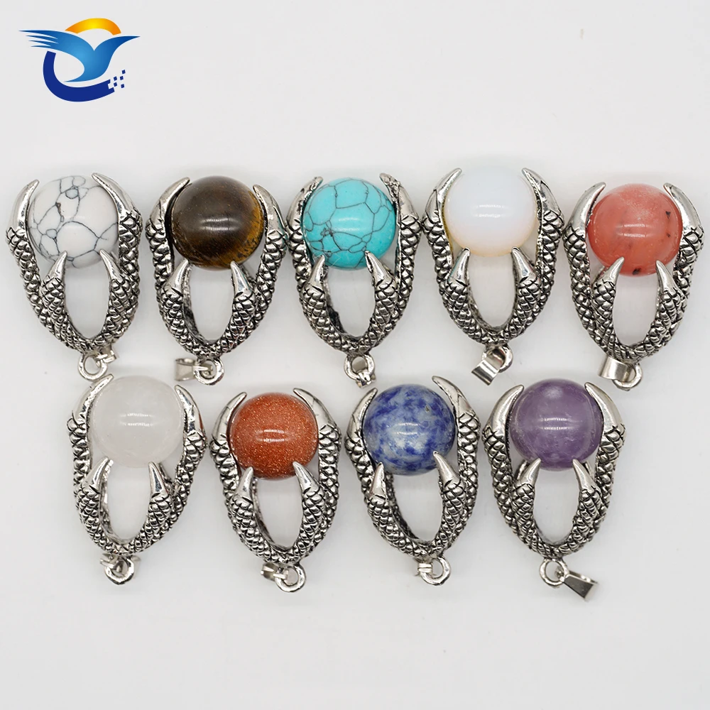 

Silver Dragon Claw Crystal Balls Pendant Necklace Gemstone Sphere Wrapped Quartz Beads Chakra Jewelry for Men Women