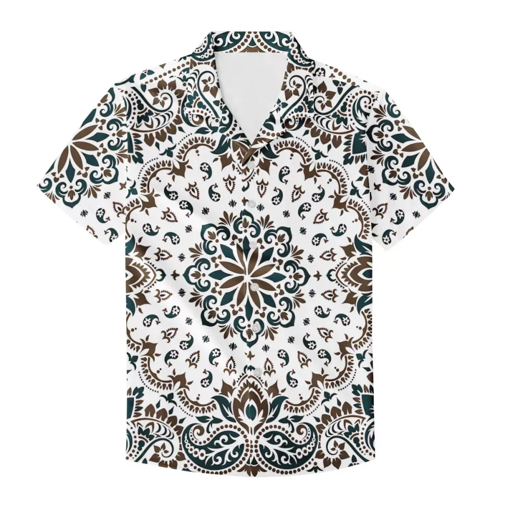 

White print Paisley style bandana shirt Custom design casual button top Summer beach breathable shirt Men's short sleeve shirts, Customized colors