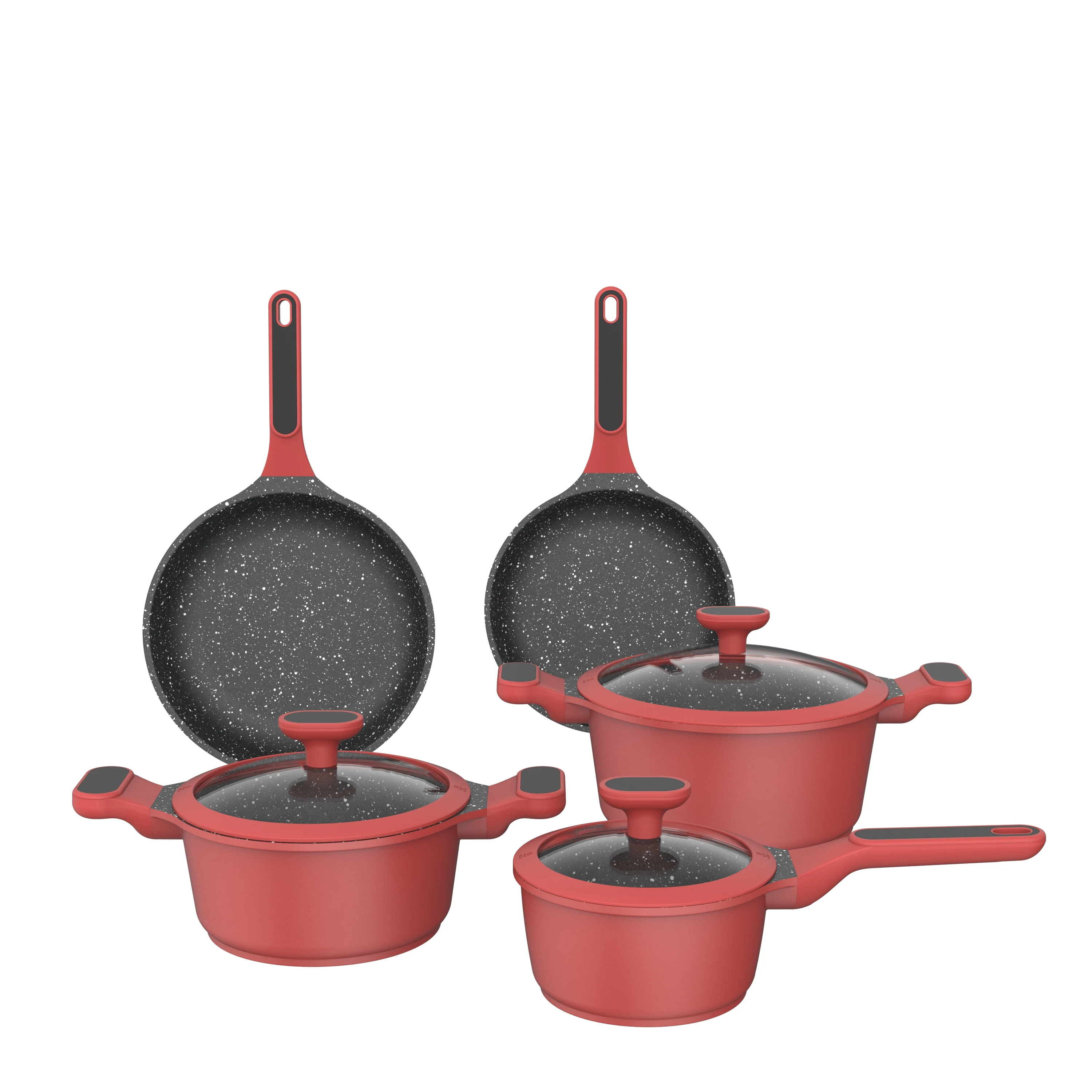 

BESCO Stock Escalation Series 8pcs Household Non Stick Casting Aluminum Cookware Set Cooking Pot Set with Ergonimic Handle Red