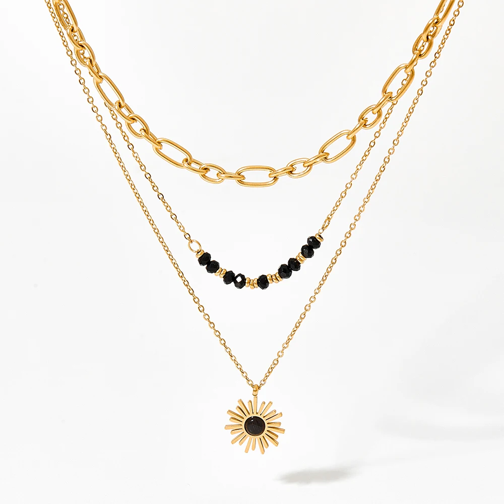 Hot Sale Non Tarnish14k Gold Plated Stainless Steel  Black Bead Sun Flower Three Layer Pendant Necklace