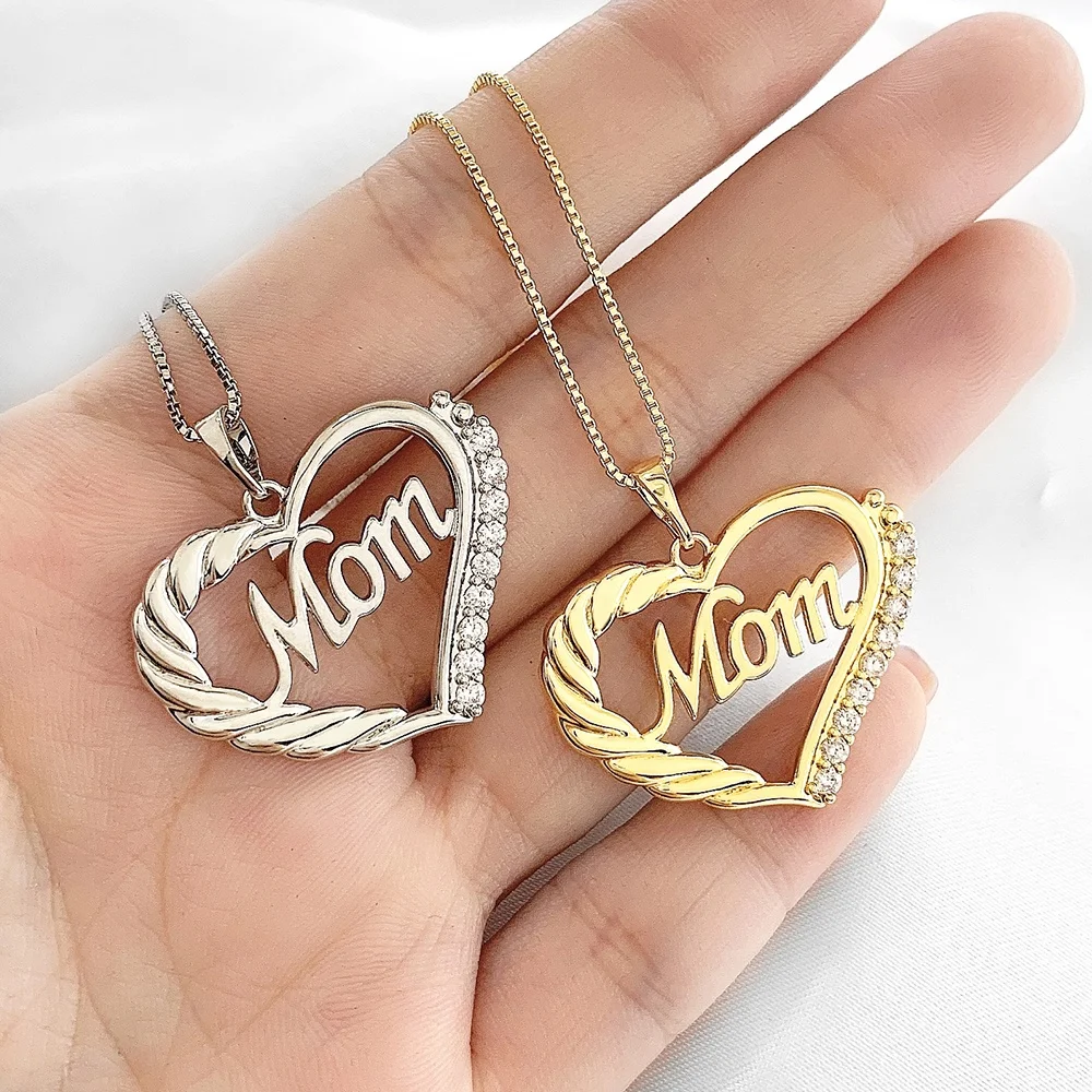 

2022 Hot Sale New Arrival Mother's Day Gift Letter Mom CZ Heart Pendant Necklace Gold Plated Drop Necklace, Picture