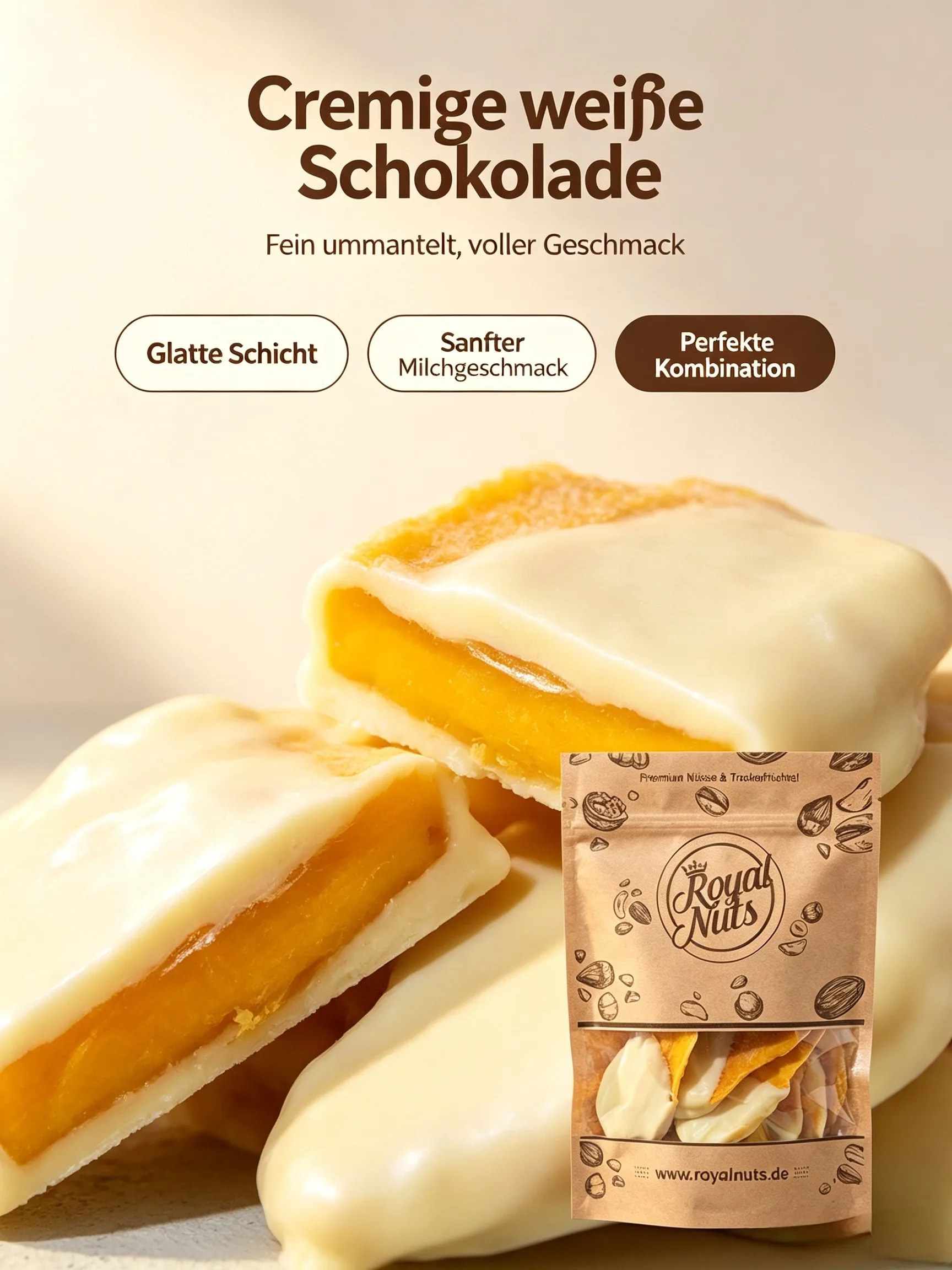 Nahaufnahme weiße Schokolade Mango