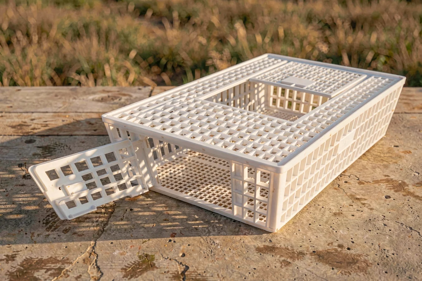 UV-treated plastic crate for transporting chicken broilers