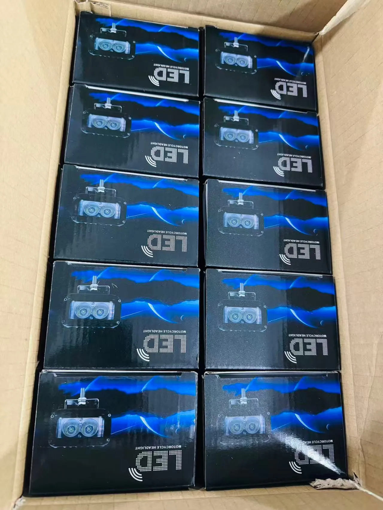 Custom retail boxes of LED motorcycle headlights ready for sale
