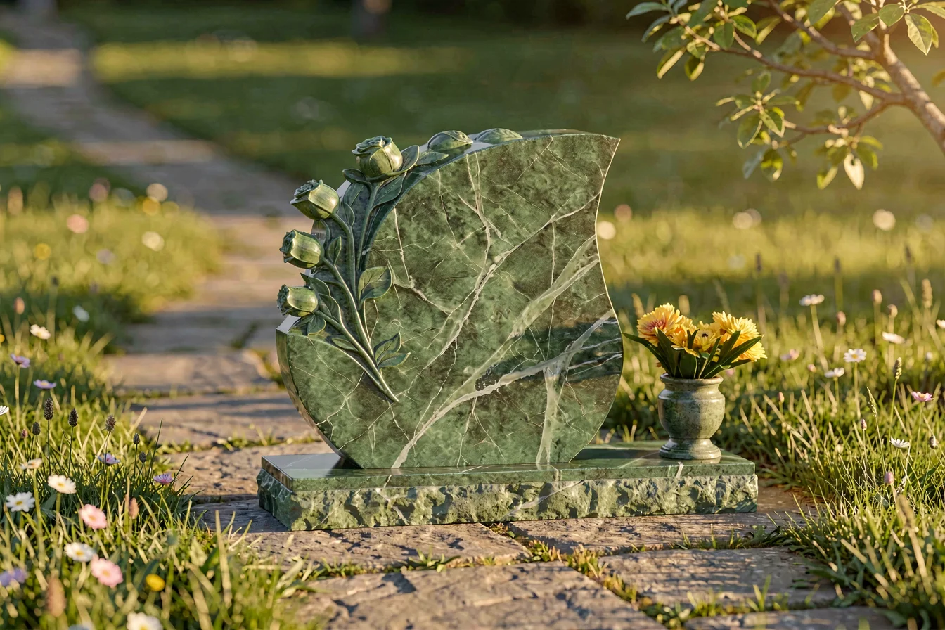 Artistic green marble headstone