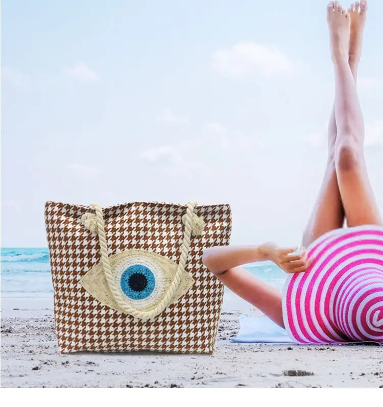 

Wholesale Shoulder Bag 2021 New Fashion 2Pcs Beach Bags Houndstooth Pattern Kadin Canta Casual Travel Canvas Evil Eye Tote Bags, 3 colors to choose
