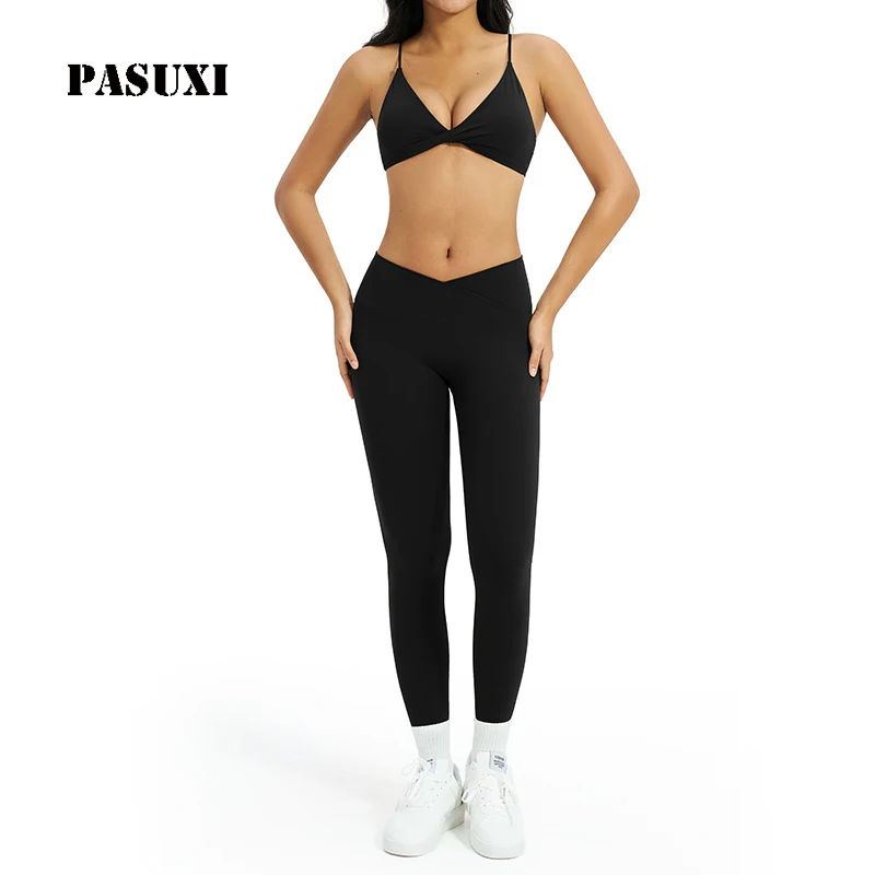 PASUXI Reflective Stripe 2 Piece Yoga Set Women High Waist Gym Leggings Sport Top Tracksuit Fitness Sportswear
