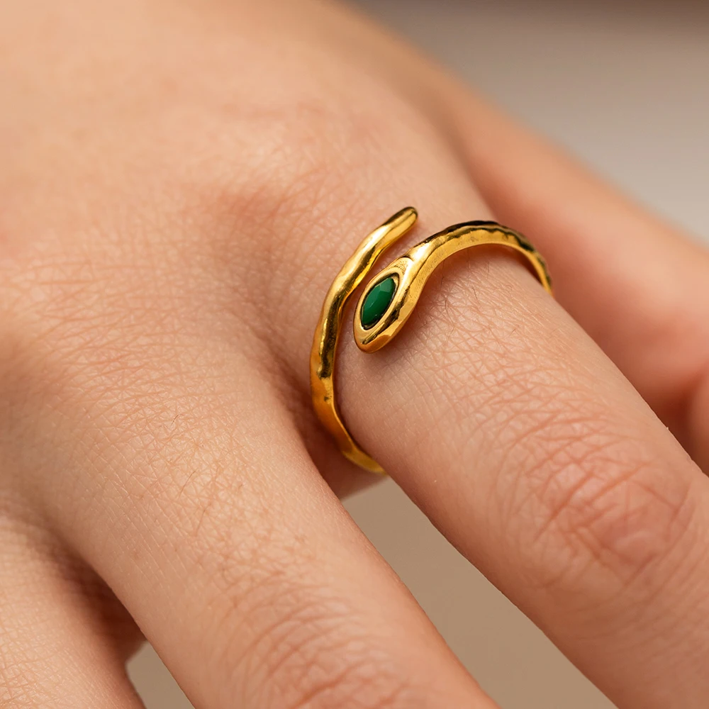 

18K Gold Plated Stainless Steel Snake Jewelry Cheap Charm Natrual Stone Malachite Cobra Opening Rings