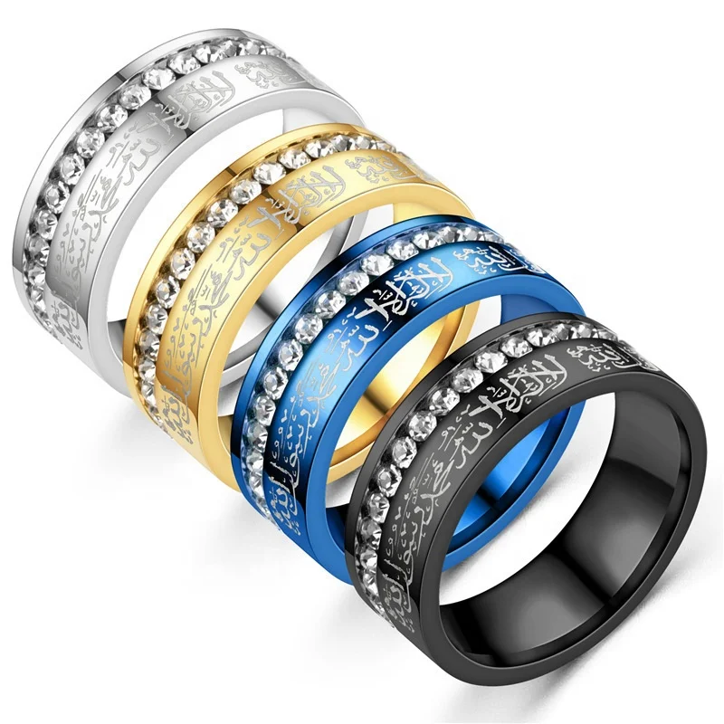 

Hot Selling Factory Outlet Fashion Muslim Islamic Jewelry 8mm Width Cheap Mens Womens 316L Stainless Steel Cubic Zirconia Ring, Silver,gold,black,blue