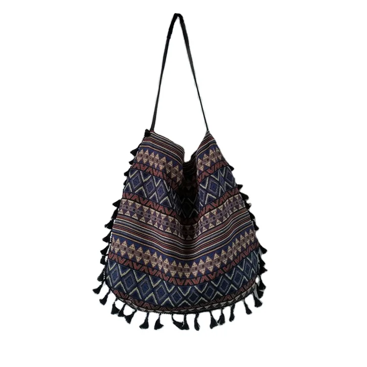 

Low Price Women Ladies Shoulder Bags Casual Vintage Hobo Bag Bolso Flecos Unique Ethnic Printed Ladies Canvas Tassel Handbags, 3 colors to choose