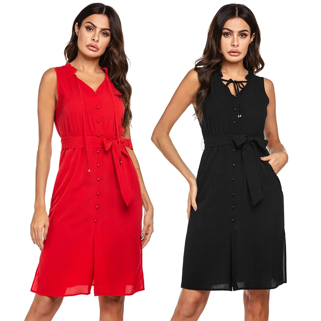 

Summer Ladies Solid V Neck Sleeveless Shirt Collar Dress Women Casual Dresses Women With Belt Pocket, Blue/black/light yellow/red