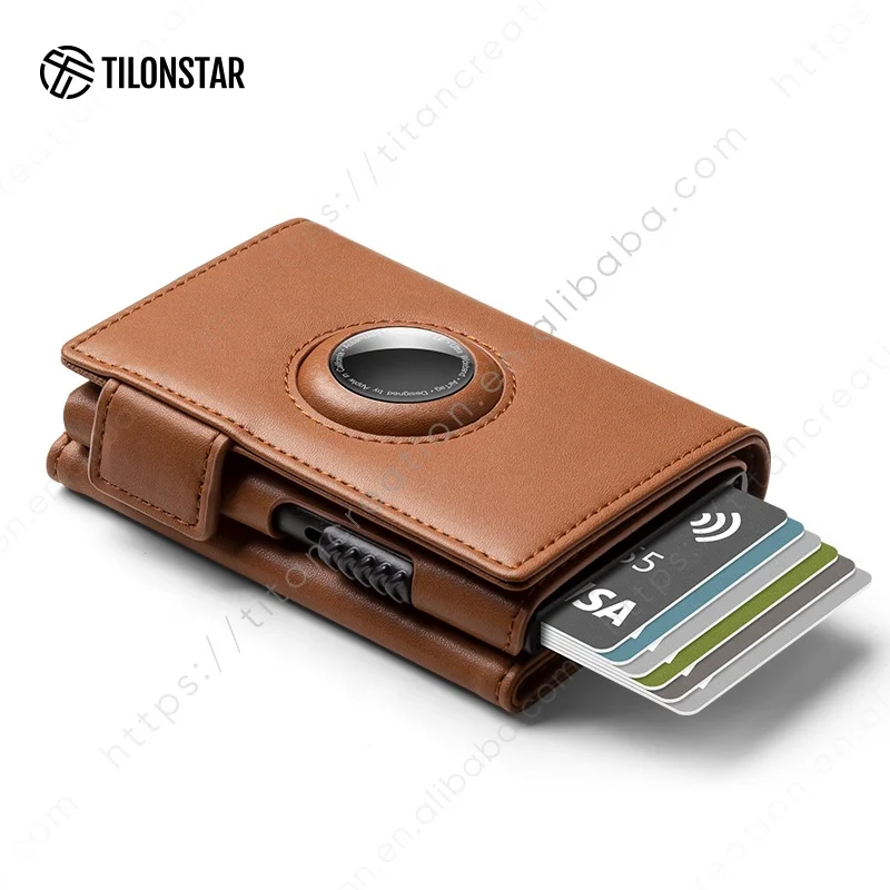 

Hot Sale RFID Leather Aluminum Pop Up RFID Airtag Credit Card Holder Wallet For Men