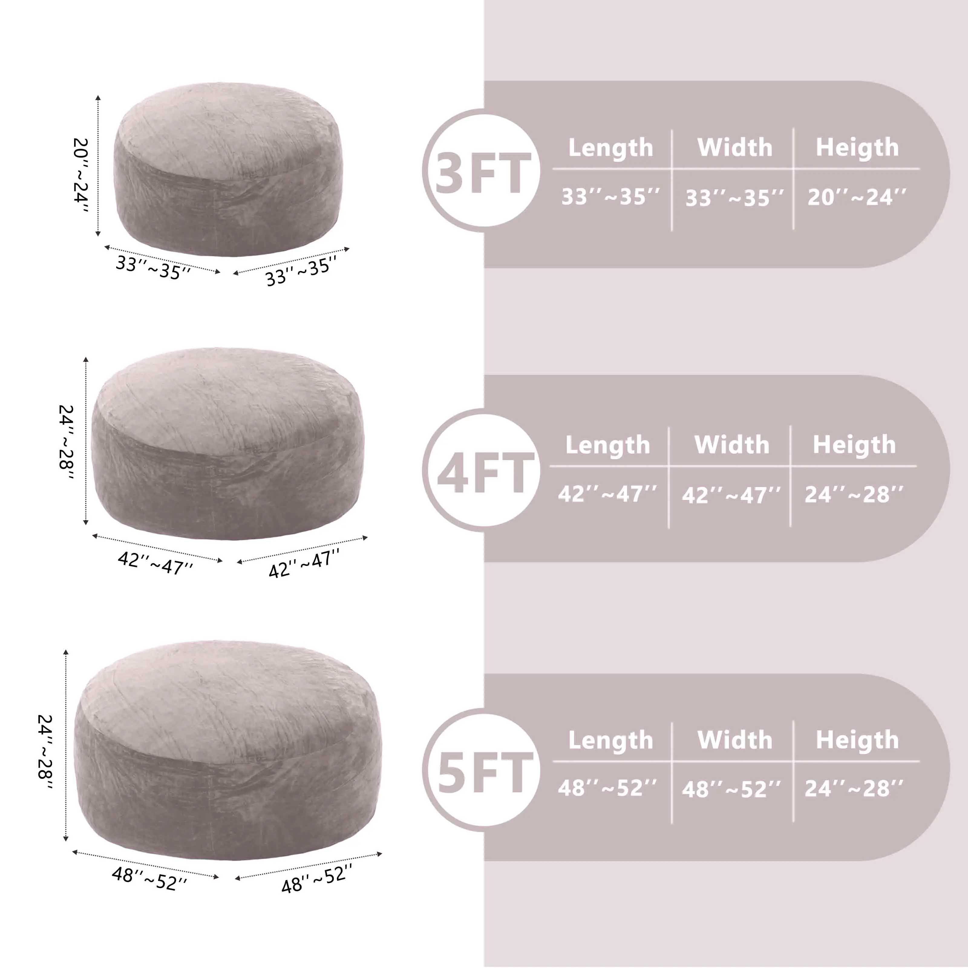 CozyCloud Sizing options 3ft 4ft 5ft dimensions chart