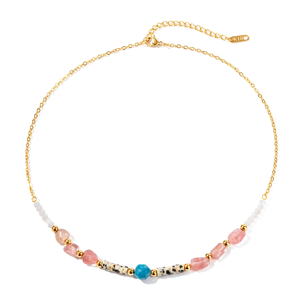 

Ins Popular Bohemian 18K Gold Plated Beaded Pink Gemstone Collection Beaded Stainless Steel Necklace