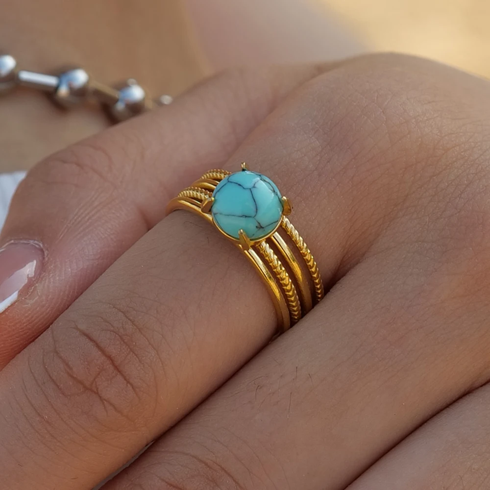 

Waterproof 18K Gold-plated Stainless Steel Fashion Jewelry Turquoise Natural Stone Ring For Women