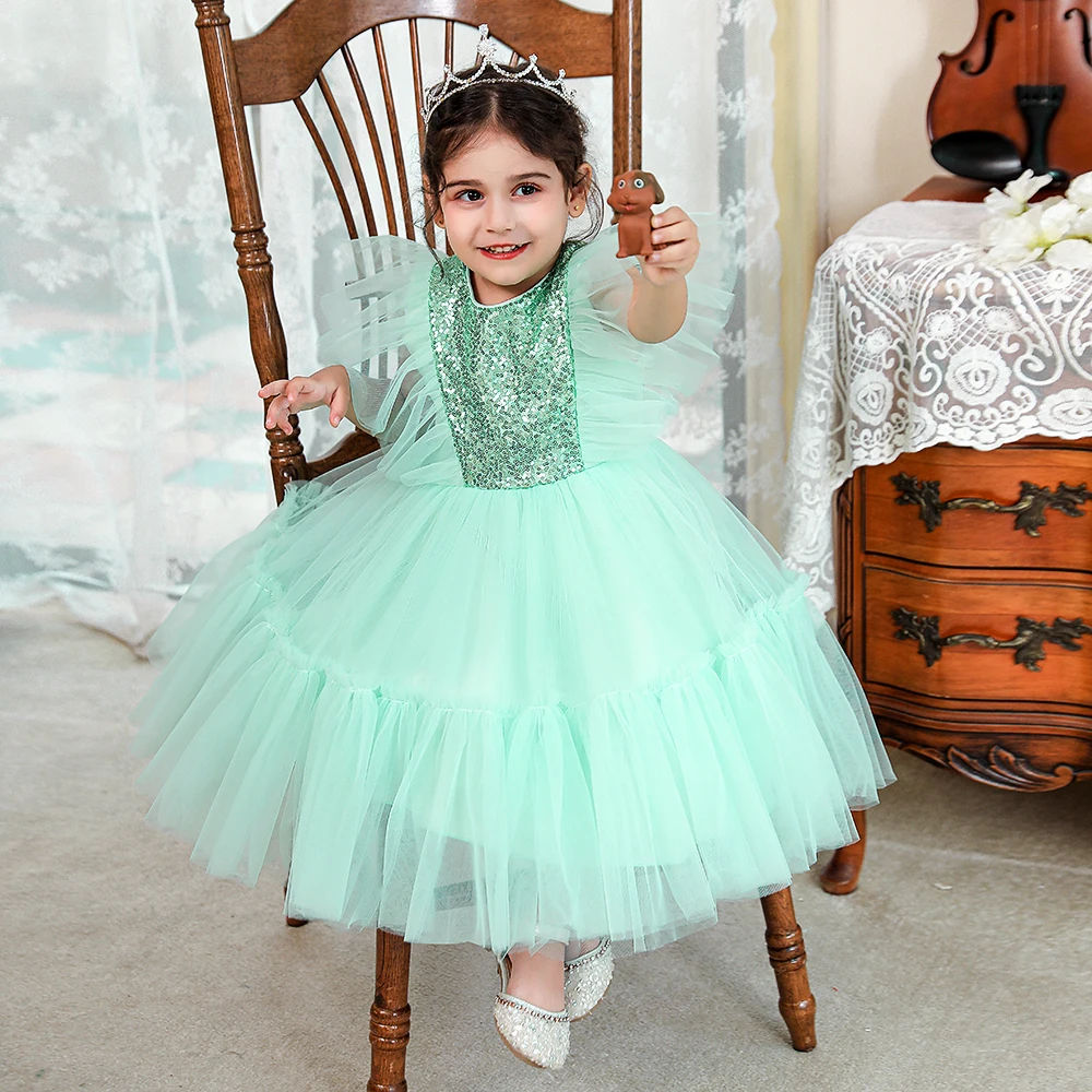 

FSMKTZ 2022 Lace sleeve luxury green Short dresses little girls kids wear evening dresses 0-5 years elegant kids for birthday