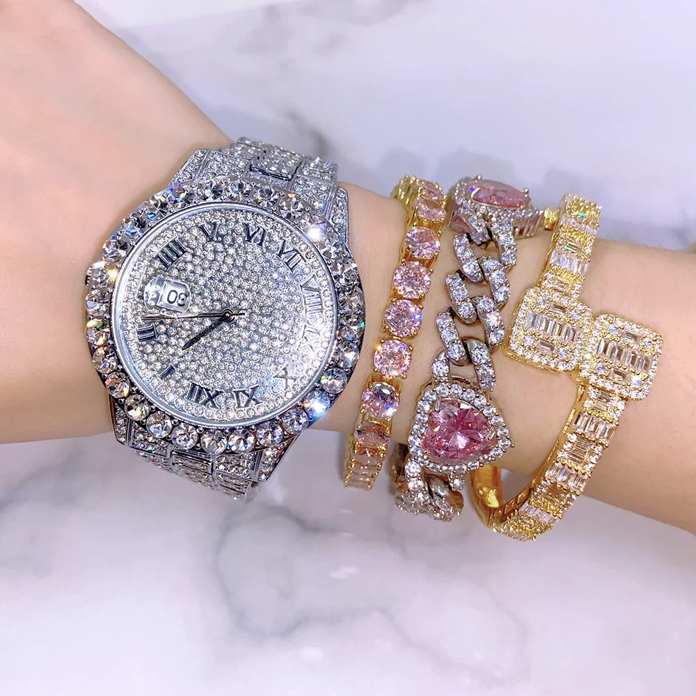 

Stainless Steel Quartz Watches Silver Color Bling Cubic Zirconia Diamond Watch