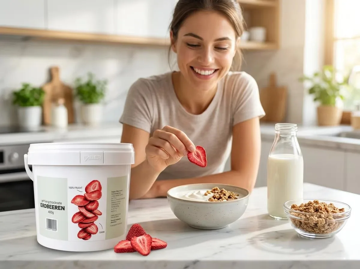 Gefriergetrocknete Erdbeeren im Frühstücks-Moment