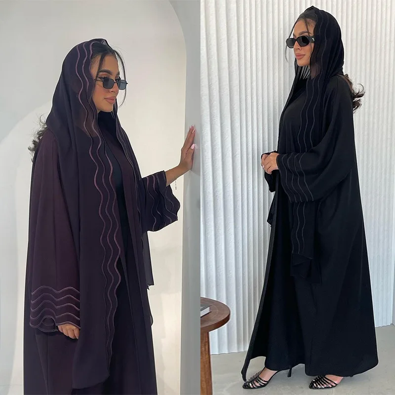 

Best selling linen open abaya plus size black embroidered abaya with headscarf black abaya women muslim dress 2023 dubai