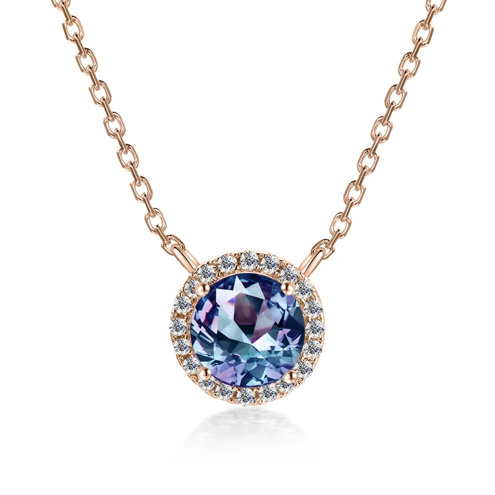 

2021 S925 New Alexandrite Rainbow Gemstone Rose Gold Plated Amethyst Round Halo Pendant Necklace For Women Destiny Jewellery