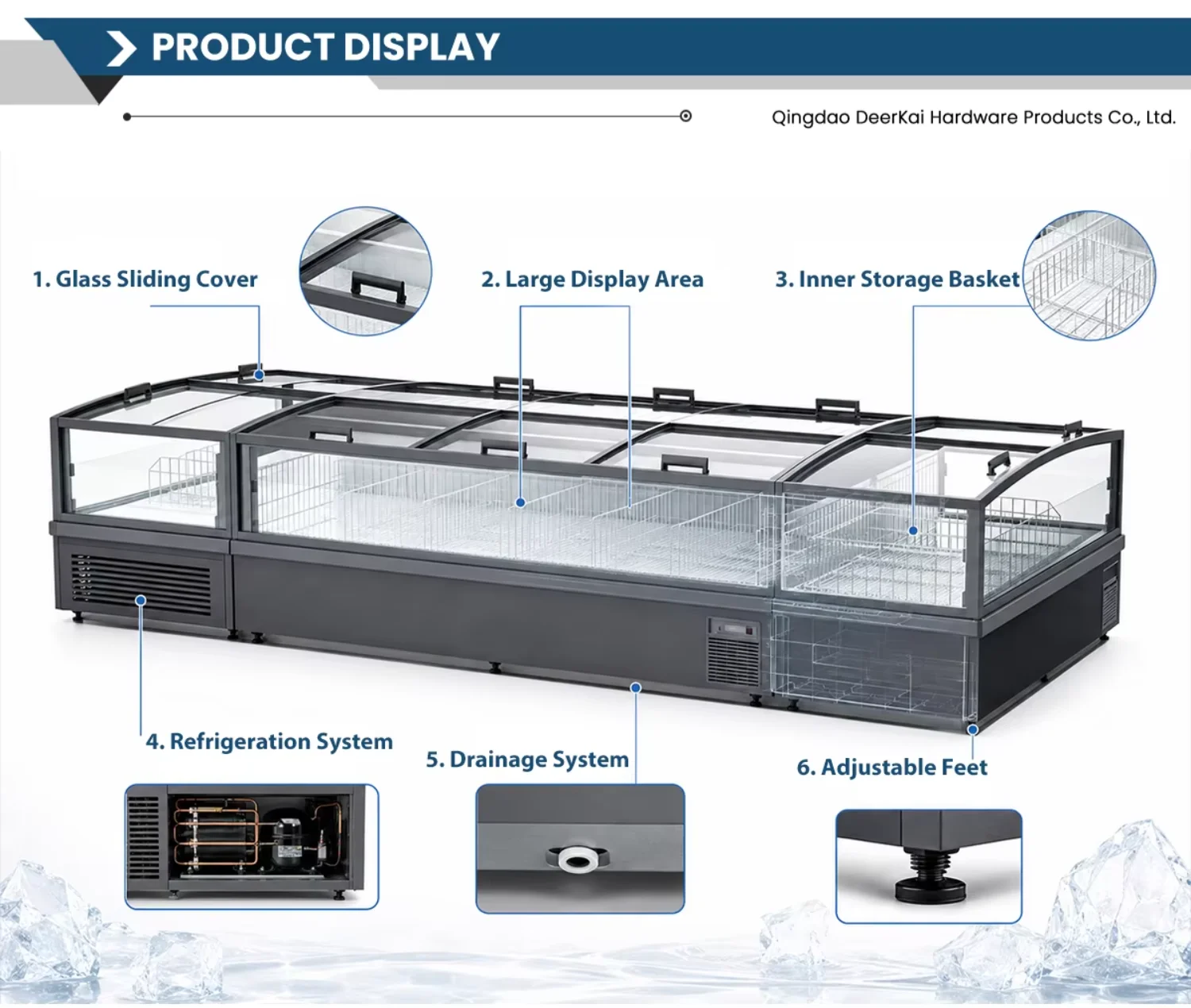 Food Display Island Freezer, 1100L, 220 V, Stainless Steel - detail 8