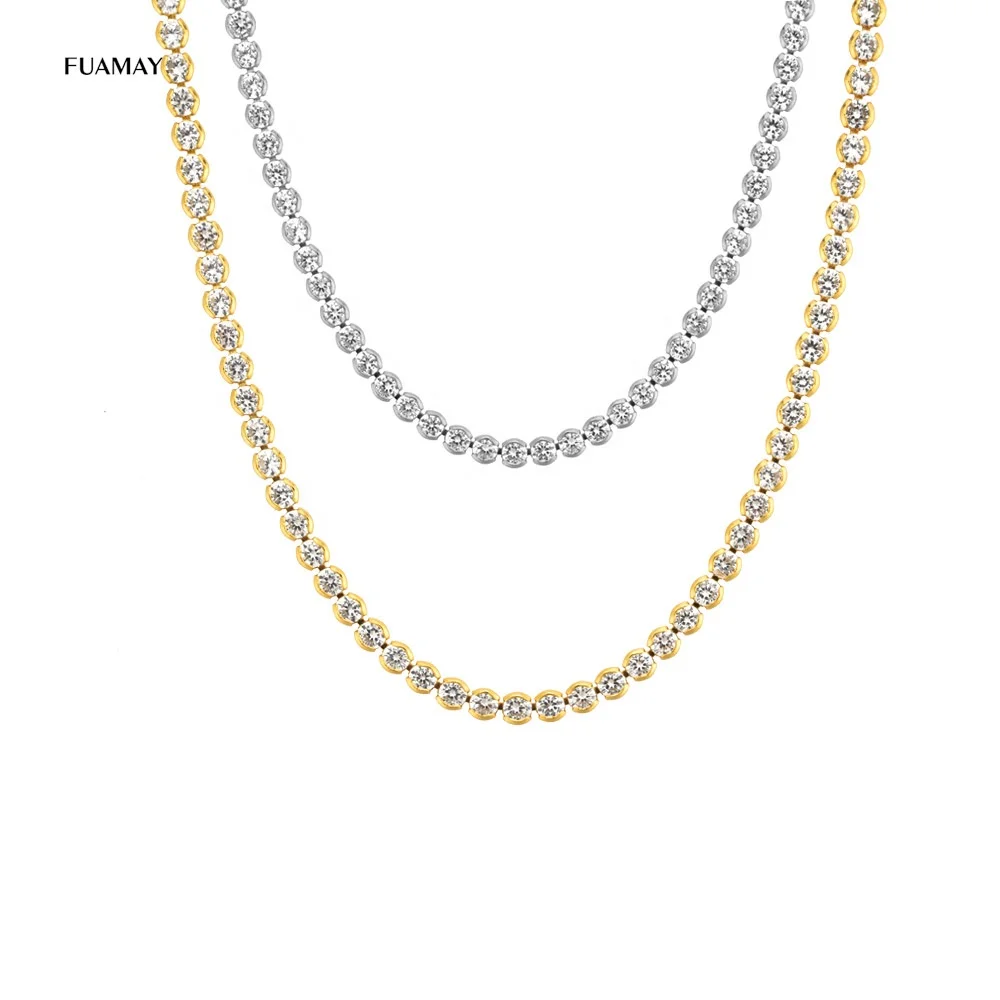 

FUAMAY Gold Plated Bezel Round Diamond Necklaces Girl Woman Tennis Chain Necklace Cadenas De Plata Mujer
