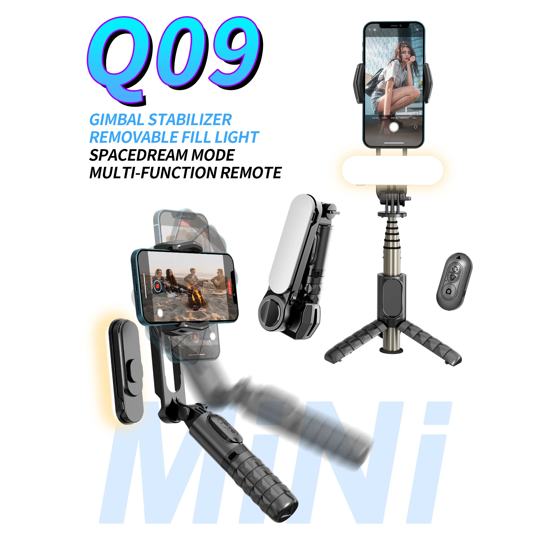 

GAZ-Q09 Handheld stabilizer Blueteeth selfie stick tripod LED fill light mobile phone pan tilt anti shake live streaming bracket