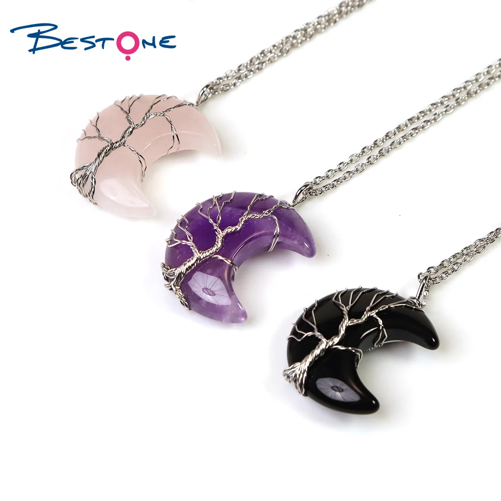 

Bestone Women Handmade Wire Twine Natural Stone Amethyst Rose Quartz Gemstone Life Tree Moon Pendant Necklace