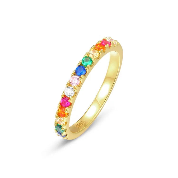 

Popular Simple 14k Real Gold Plating Ring Women 925 Sterling Silver Multi Colorful Stones Rainbow Ring