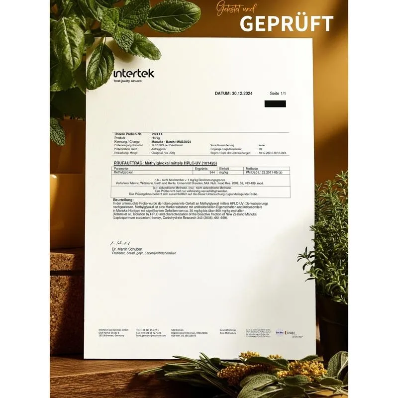 Intertek Labor Prüfbericht Manuka Honig