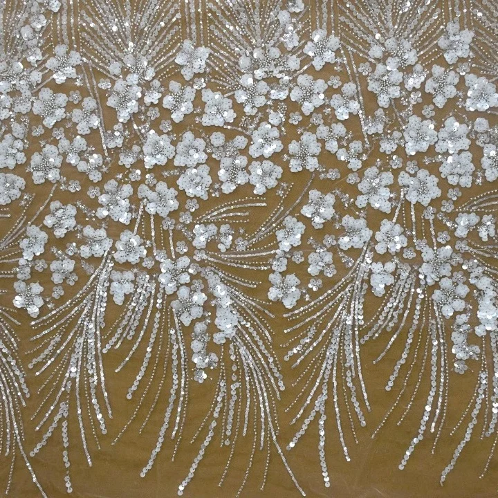 

Ivory Elegant shining beads embroidery sequins ace fabric for bridal wedding dress HYF