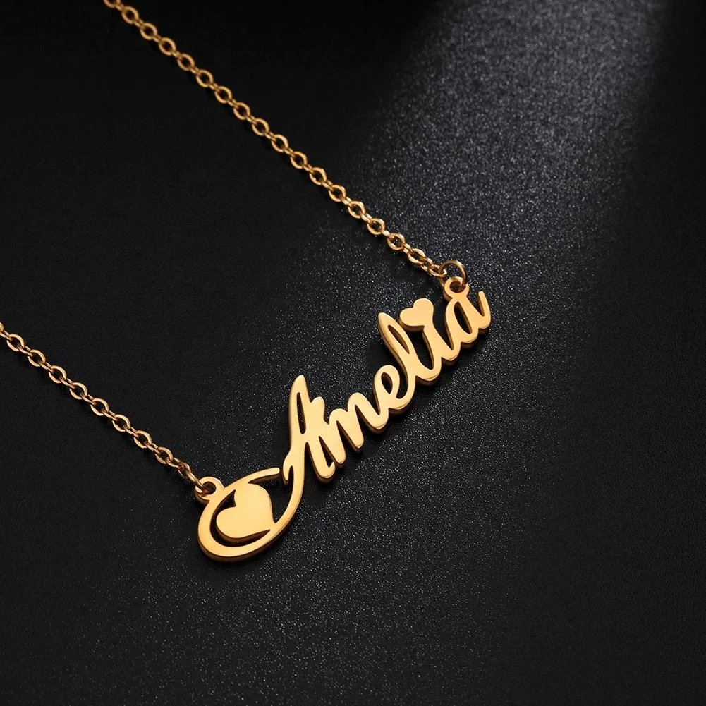

Pretty Heart Name Necklace Personalized Nameplate 14K gold plate 18K Custom Girl Women Jewelry, Silver /gold/rose gold