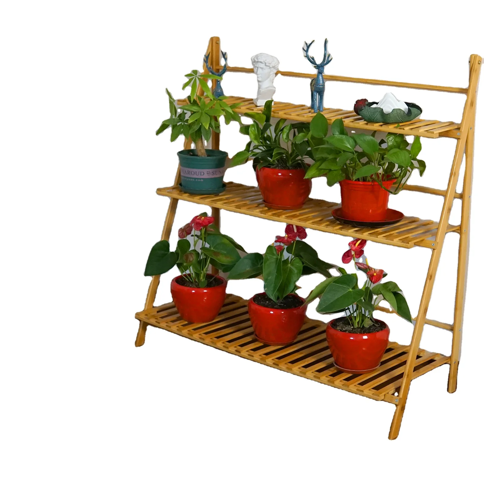 

Foldable 3 tier bamboo plant stand wood flower rack, Customized color