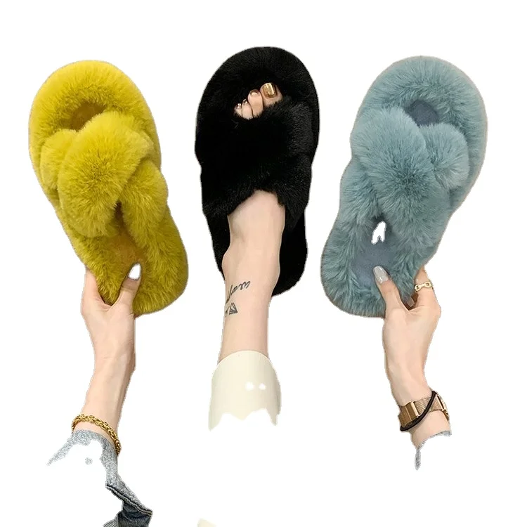 

Fashion Women Faux Fur Slides Cross Fuzzy Slippers For Women Winter House Slippers