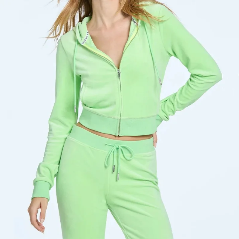 Custom Rhinestone Logo Two Piece Velvet Cropped Zip Up Tops Sweatsuit Set Casual Y2K Jogger Suit Edhardy Sweatsuit Women