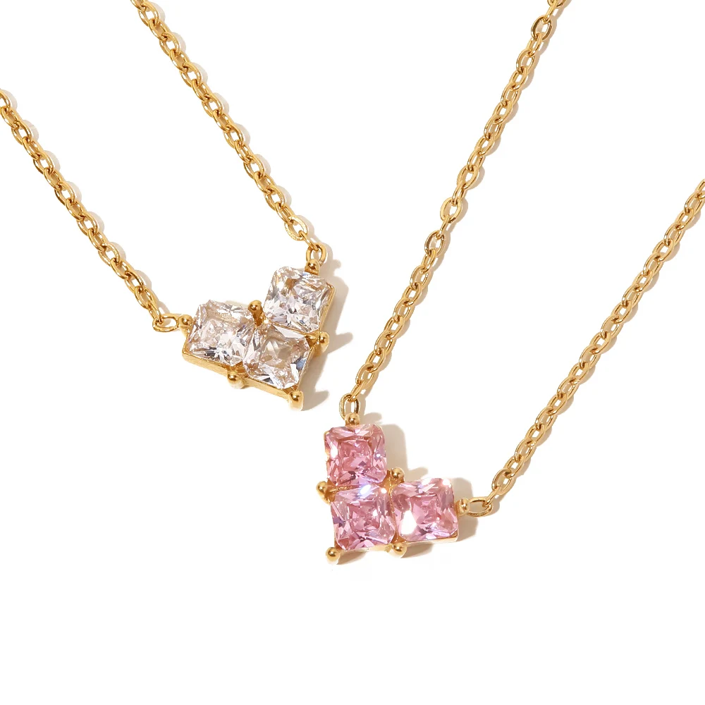 

INS Popular 18K Gold Plated Heart Love Stainless Steel Pink Clear Zircon Heart Pendant Necklace