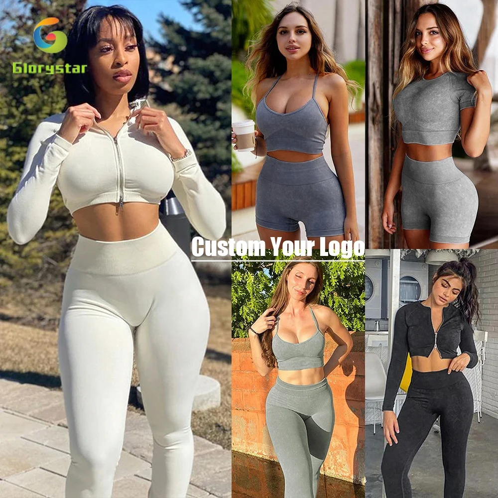 

Free sample Seamless Women Yoga Set Workout Shirts Sport Pants Bra Gym Short Crop Top High Waist Leggings Washed Sports Set, Picture shown