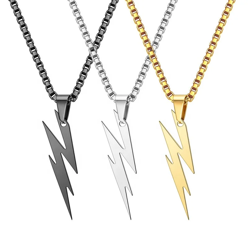 

Factory Direct Sale Hot Selling Fashion Simple Unisex Jewelry Minimalistic 316L Stainless Steel Lightning Pendant Necklace, Silver,gold,black