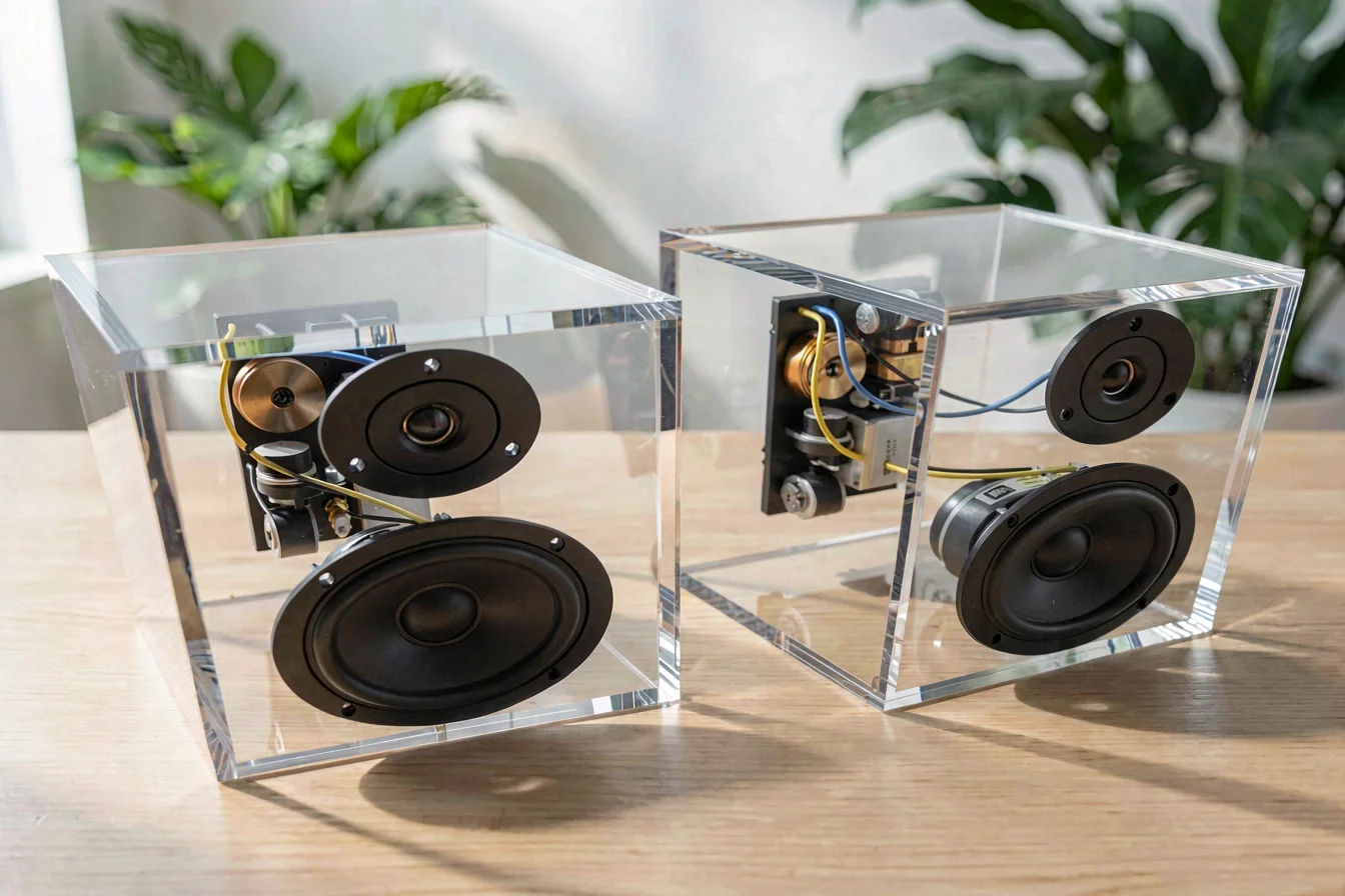 Design-centric custom plexiglass speaker boxes