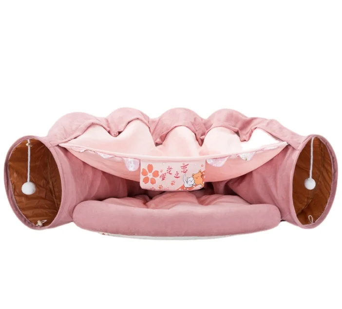 

Amazon supply soft warm breathable foldable PP cotton filled canvas cat tunnel toy with bed for cats