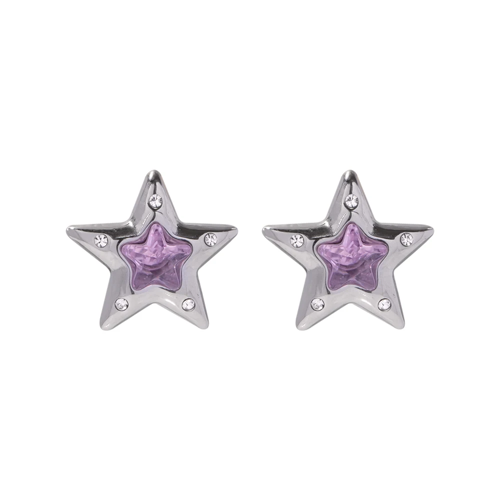 J&D Simple 18K Gold Planted Stainless Steel Pink Earrings Cubic Zirconia Star Stud Earring for Girls