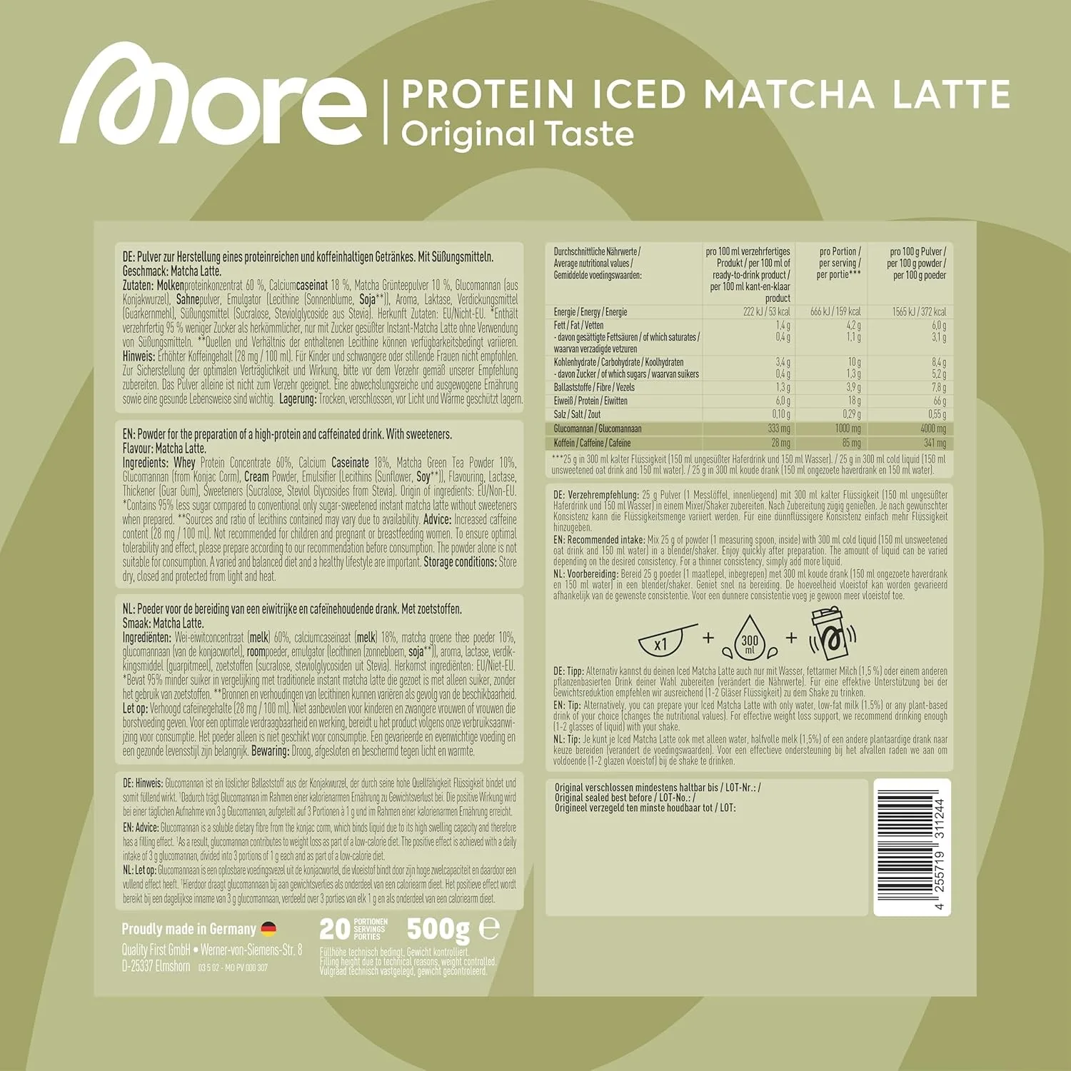 Matcha Latte Nutrition Table