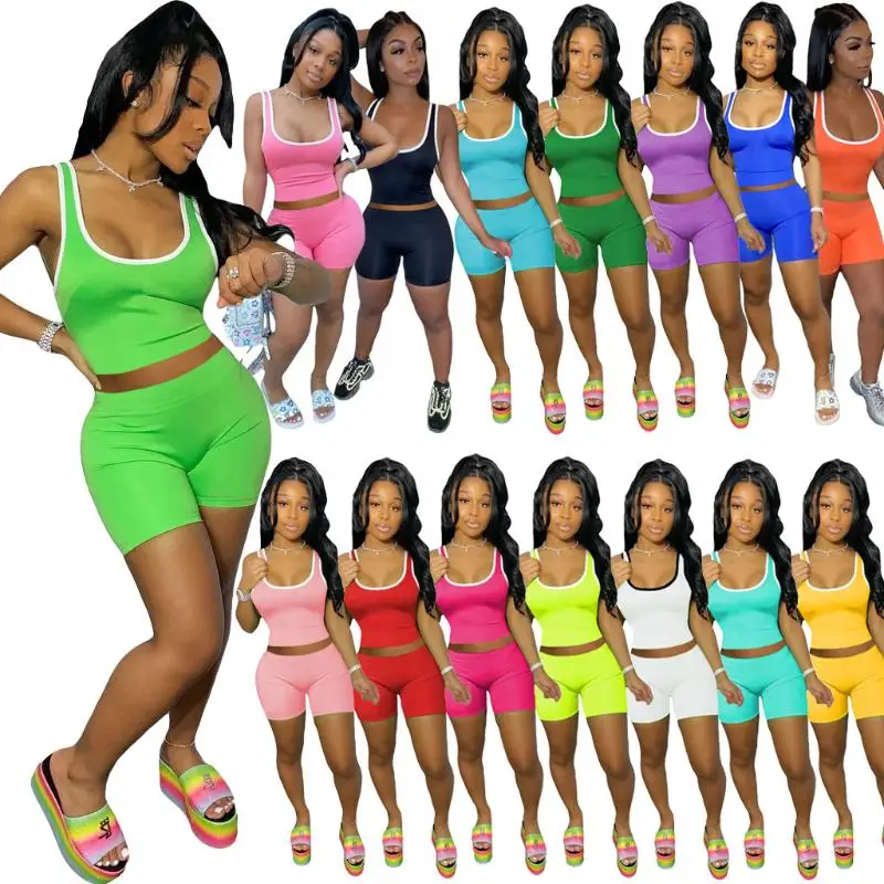 

2021 Summer New Biker Shorts Women Two Piece Biker Short Sets Solid 2 Piece Set Tracksuit Women Outfits